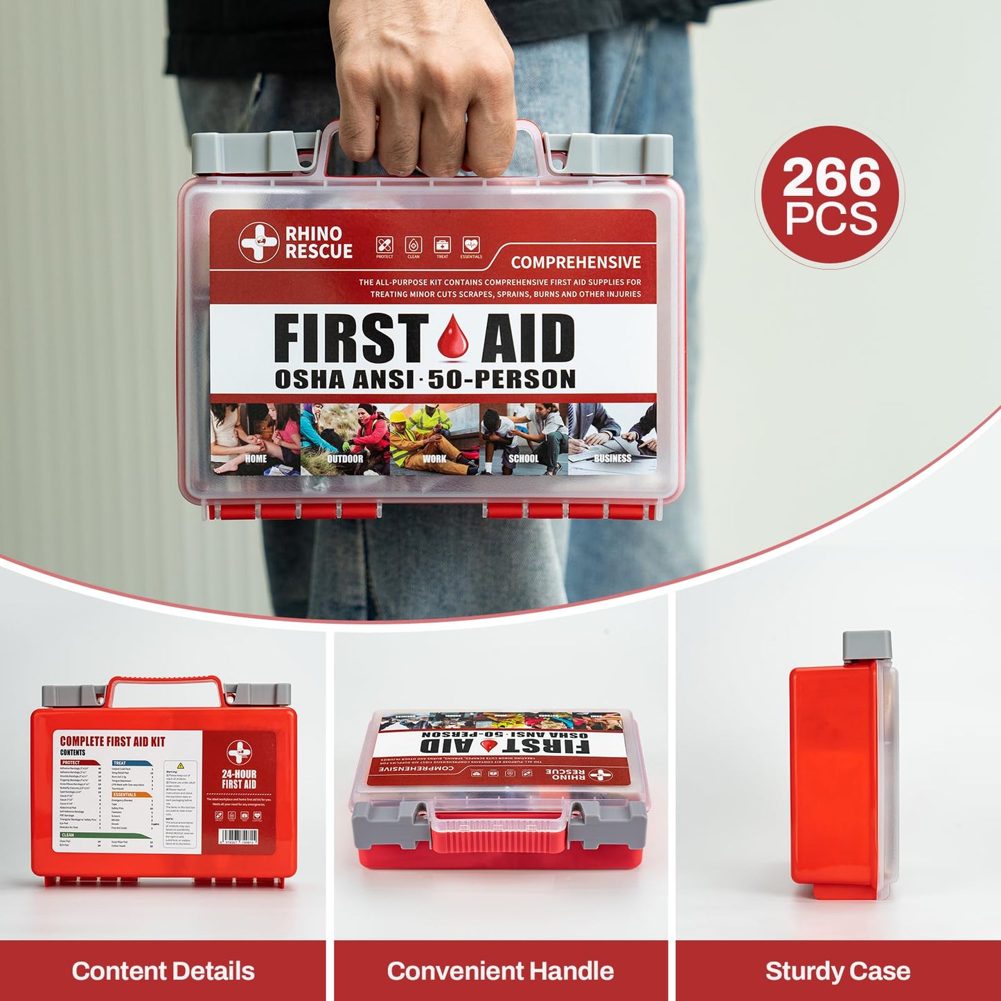 RHINO RESCUE 371 Pieces OSHA All-Purpose First Aid Kit, Home & Office Professional Medical Supplies, Ideal for Emergency, School, Business