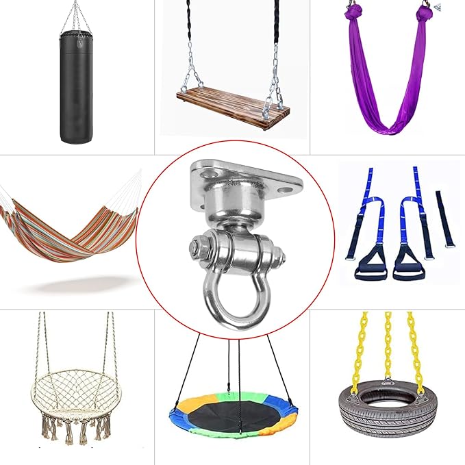 Silent Bearing Swivel Swing Hanger Stainless Steel Heavy Duty 180°+360° Swivel Swing Hook 1500 lb Capacity Playground Yoga Hammock Chair Rope sandbag Porch Swing Bag Sleeve