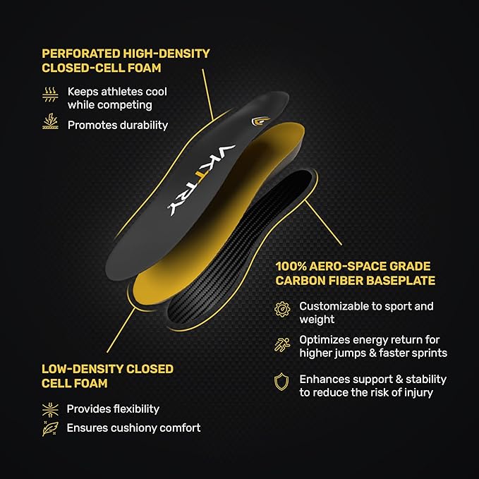 VKTRY Gold for Non-Cleated Shoes - Carbon Fiber Performance Insoles - Customized Athletic Inserts for Sports Basketball Volleyball Running & More | Shock Absorption US M12.5-13, W14.5-15, 121-170lbs