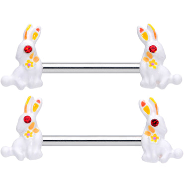14G 9/16 Red Gem White Easter Rabbit Barbell Nipple Ring Set