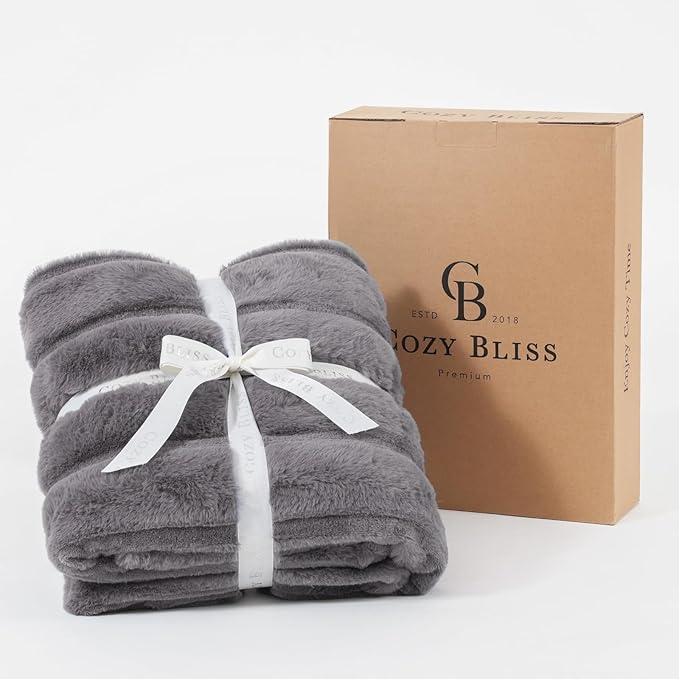 Cozy Bliss Faux Fur Throw Blanket for Couch, Cozy Soft Plush Thick Winter Blanket for Sofa Bedroom Living Room, 60 * 80 Inches Grey