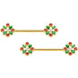14G 5/8 Red Gem Gold Tone Crest Christmas Barbell Nipple Ring Set