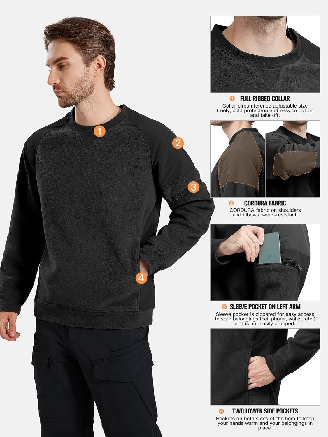 FREE SOLDIER Men's Tactical Winter Fleece Pullover Hoodie Warm Long Fleece lined Hooded Sweatshirt
