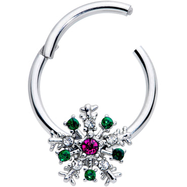 16G 3/8 Clear Green Pink Gem Snowflake Hinged Segment Ring