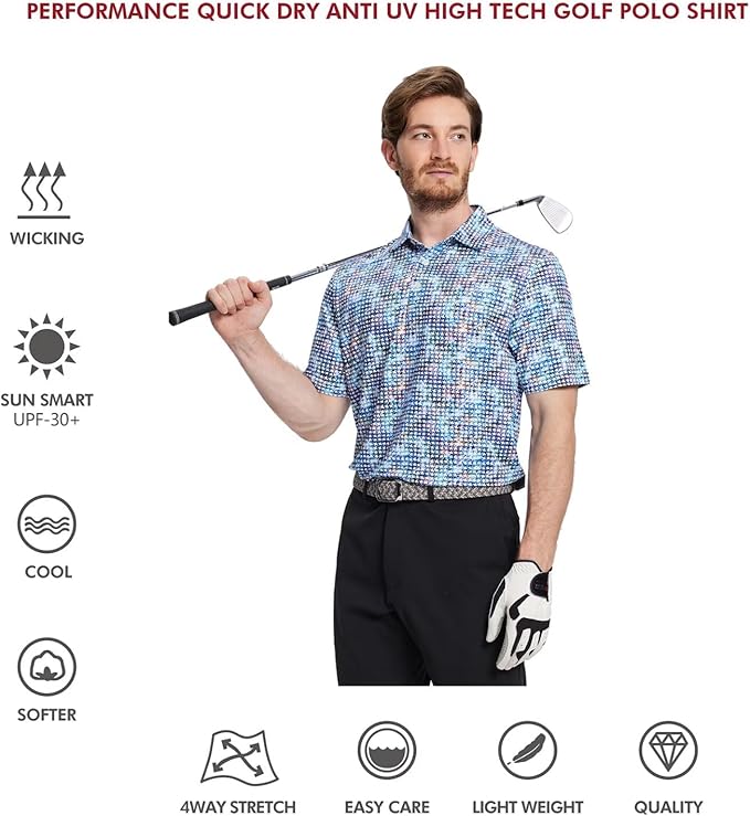 Men's Golf Polo Shirts Short Sleeve Striped Performance Moisture Wicking Dry Fit Golf Shirts for Men