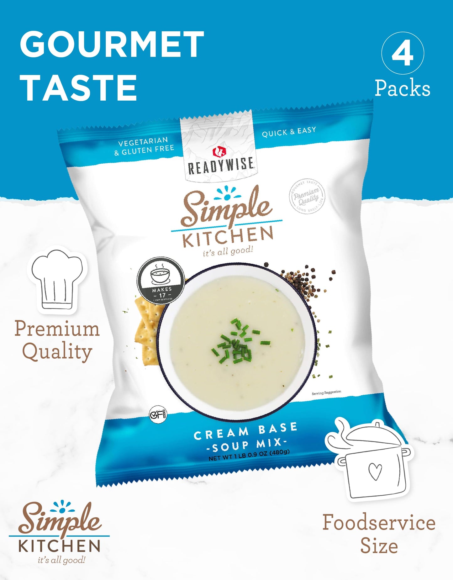Simple Kitchen Garden Vegetable Soup Mix - 17 Servings for Meal Prep, Gluten Free, Vegetarian, Dehydrated & Freeze Dried Survival Food for Camping Meals, Backpacking & Hiking, Survival Kit, Pack of 4