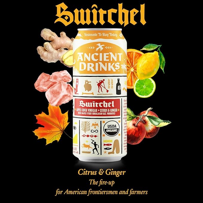 ANCIENT DRINKS Apple Cider Vinegar Beverage with Electrolytes, Vitamins, & Probiotics, Organic, Super-Hydrating Sports Drink - Switchel (Citrus & Ginger) - 16 fl oz (12 cans)