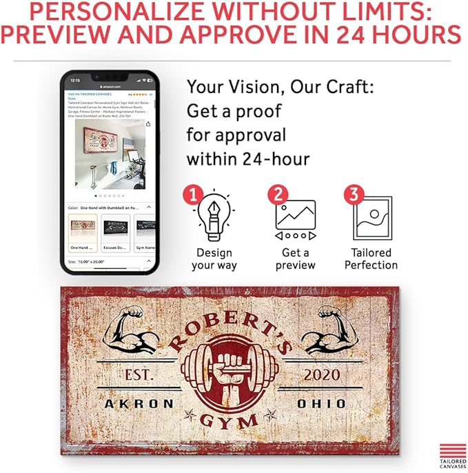 Tailored Canvases Personalized Gym Sign Wall Art Decor - Motivational Canvas for Home Gym, Workout Room, Garage, Fitness Center - Workout Inspirational Posters - One Hand Dumbbell on Rustic Red, 20x10in