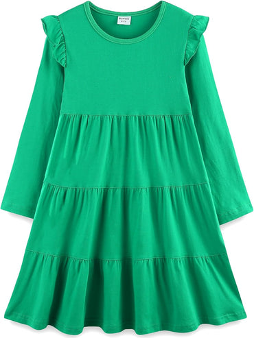 Girls Cotton Dress - Ruffle Sleeve Tiered A-Line Midi Sundress