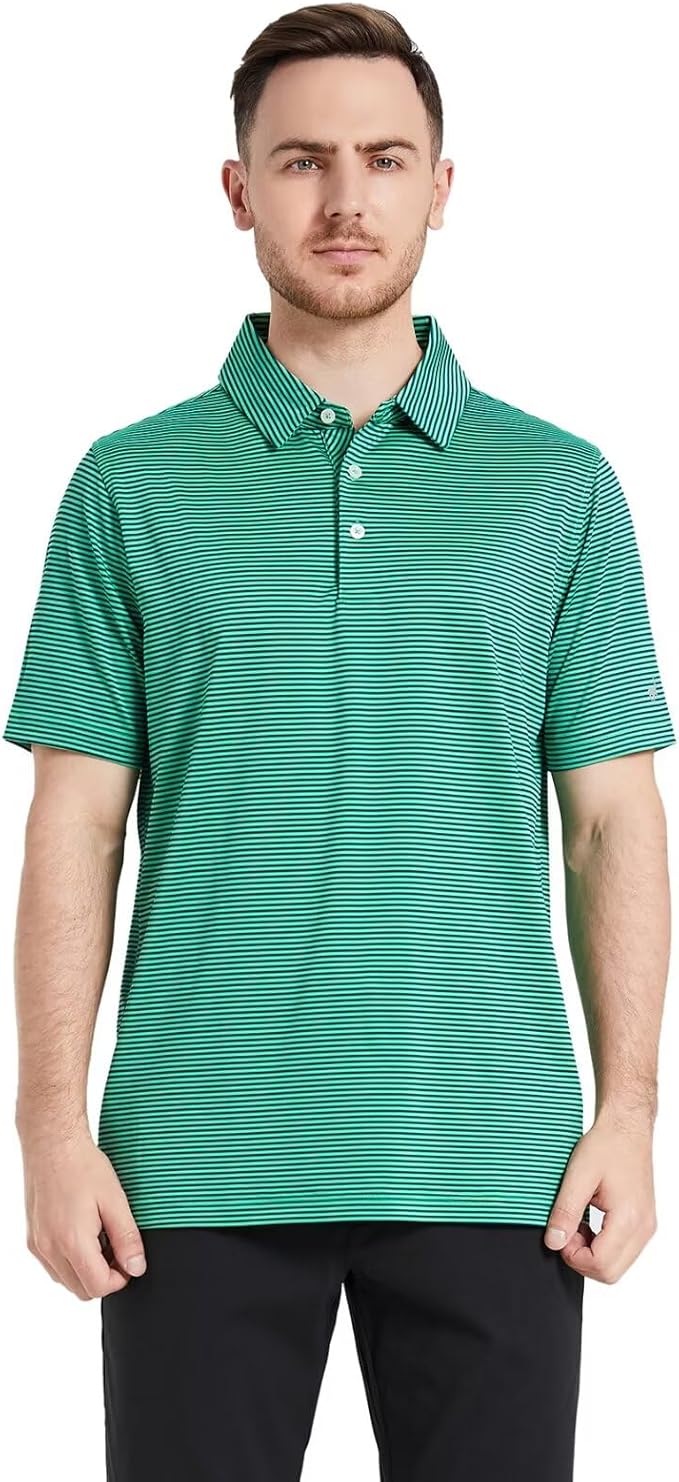 Mens Golf Shirt Moisture Wicking Dry Fit Performance Sport Short Sleeve Striped Golf Polo Shirts for Men