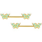 14G 9/16 Gold Tone Green Inlay Butterfly Barbell Nipple Ring Set