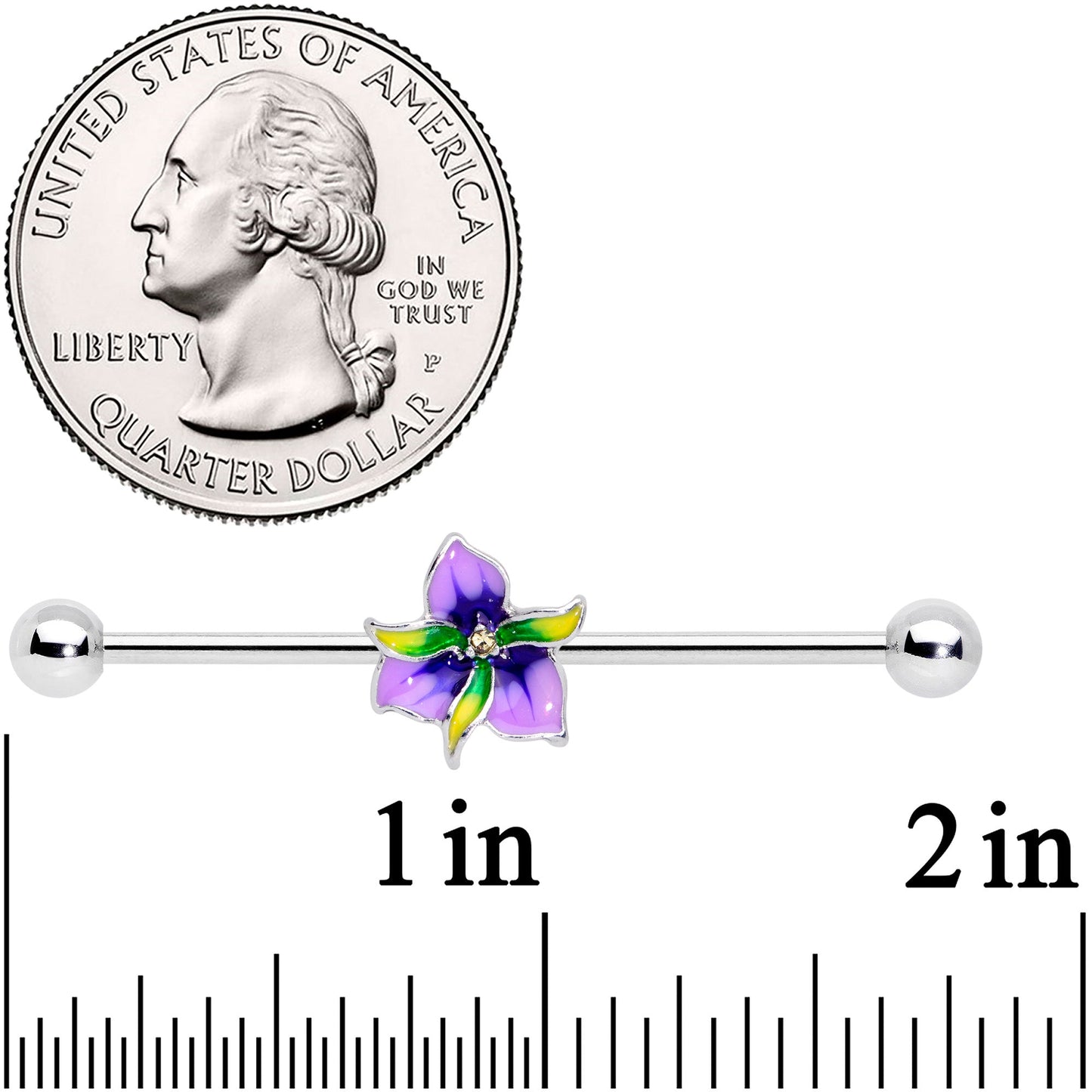 14G Clear Gem Exotic Purple Flower Industrial Barbell 38mm