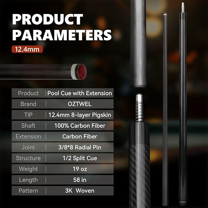 Carbon Fiber Pool Cue Stick, 12.4mm 8-Layer Tip Low Deflection Pool Cue Professional Pool Sticks for Adults with Pro Taper Cue Shaft 3/8 x 8 Joint Pin