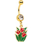 Clear Gem Gold Tone Red Tulip Flowers Dangle Belly Ring