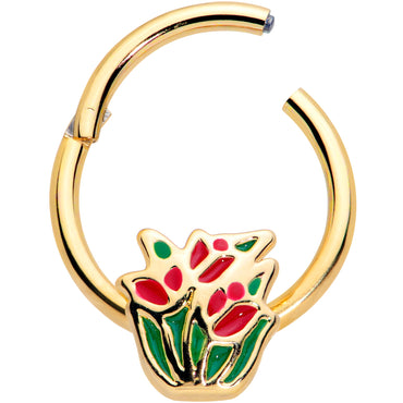 16G 3/8 Gold Tone Springtime Red Tulip Flower Hinged Segment Ring