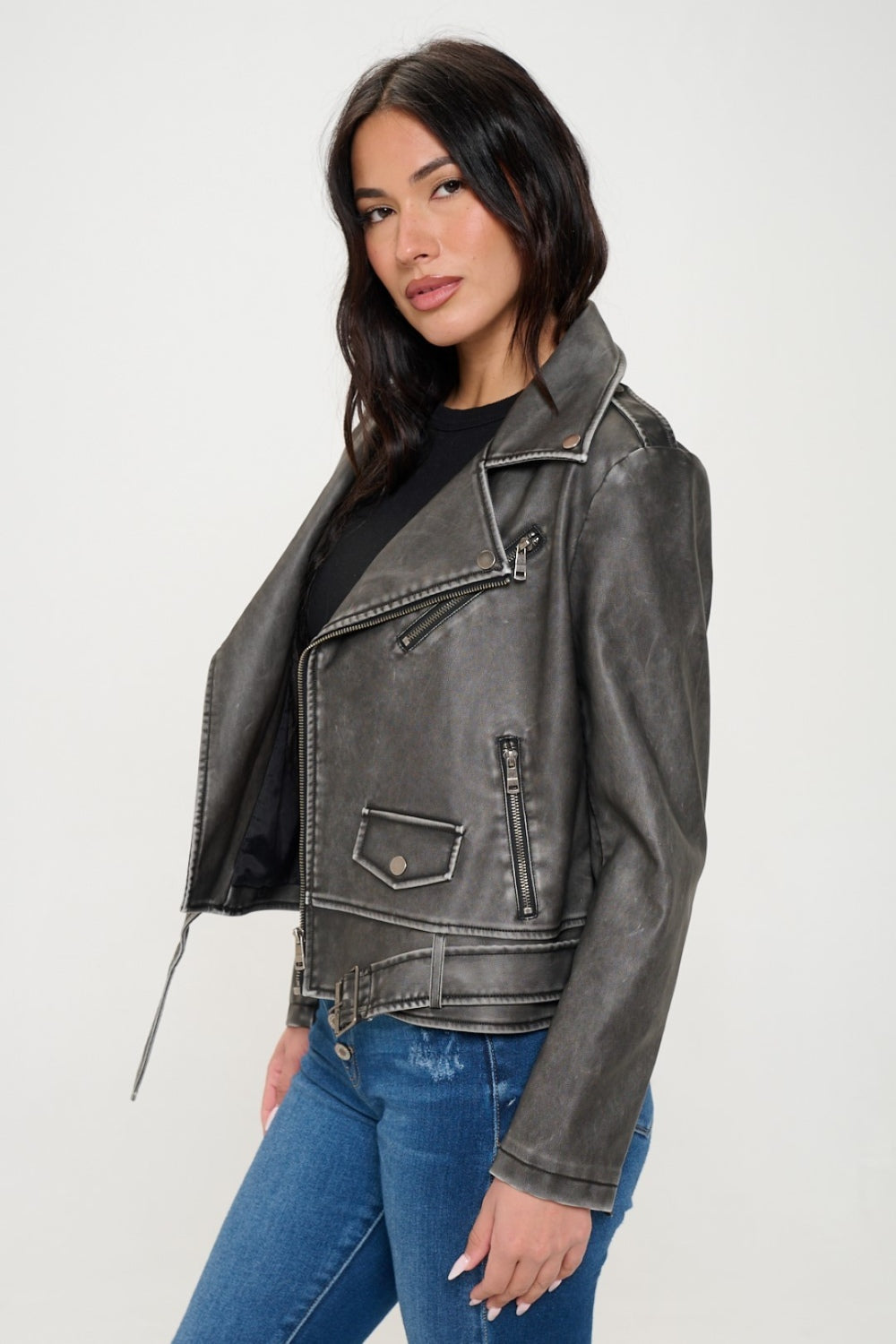 Vegan Leather Biker Jacket with Belt