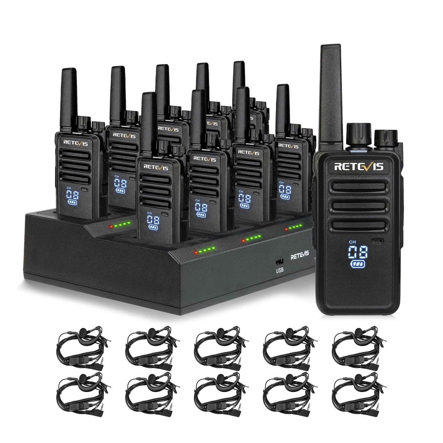 Retevis RT68 2 Way Radio, Long Range Walkie Talkies for Adults (10 Pack) with 10 Multi Way Charger, Easier Securer Charging, 1200mAh, Compact Handheld Two Way Radios Rechargeable for Industry