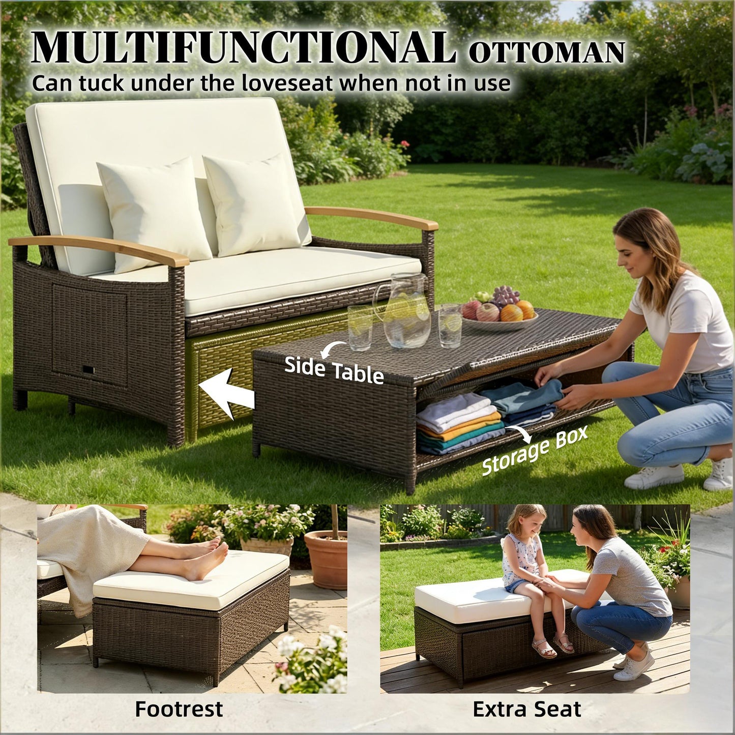 Outdoor Daybed PE Wicker Chaise Lounge 4-Position Adjustable