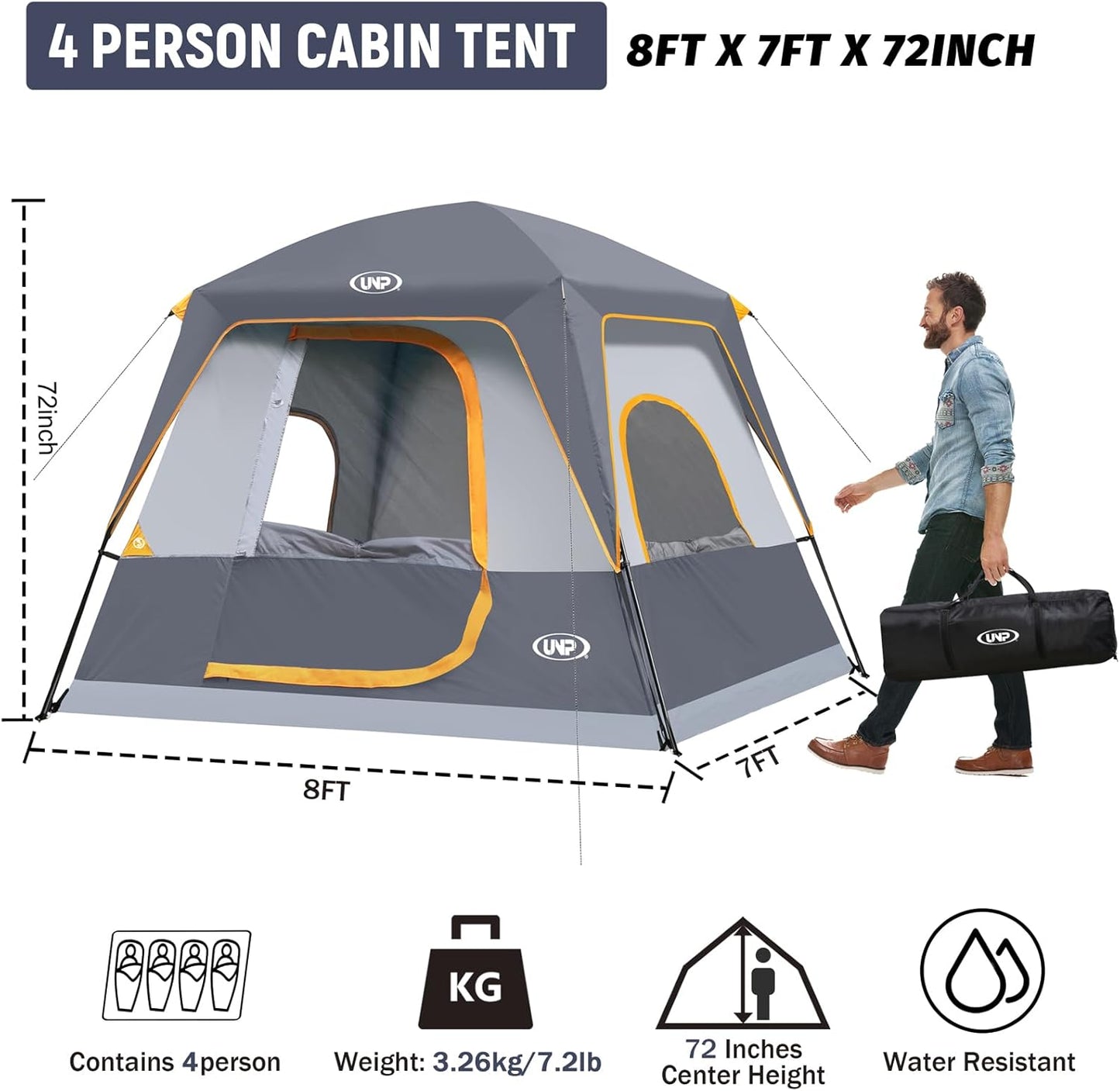 UNP Portable Cabin Tent for 4 Person and 8 Person Camping Tent Easy Set Up, Waterproof with Top Rainfly for Outdoor Camping/Hiking
