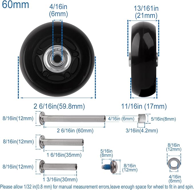 Luggage Suitcase Replacement Wheels Set 4Pcs PU Bearing Wheels-Install Dia 2.4in/60mm Width 0.8inch/21mm with 3 Size Axles for Trolley Bag Drawbar Box Smooth Rolling Repair