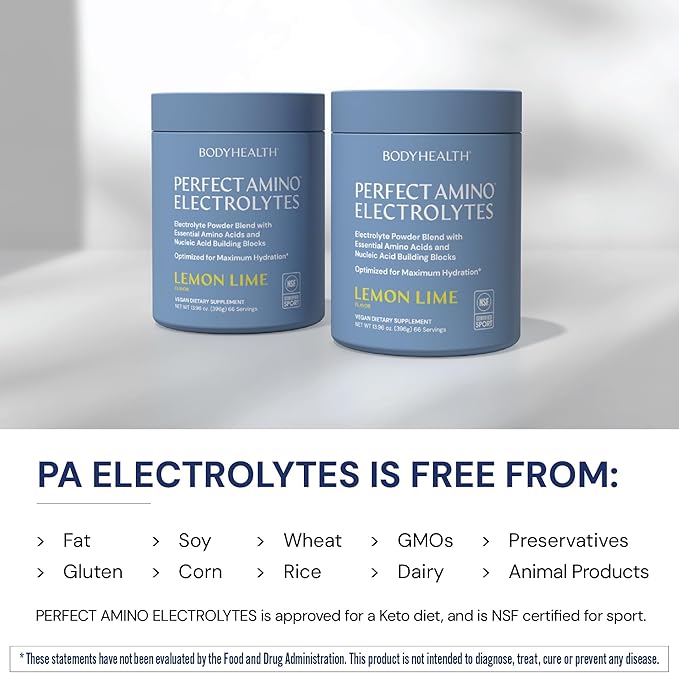 BodyHealth PerfectAmino Electrolytes Powder No Sugar, Hydration Fasting Keto Zero Sugar Electrolytes Drink Mix with Trace Minerals - NSF Certified for Sport - Lemon Lime - 66 Servings