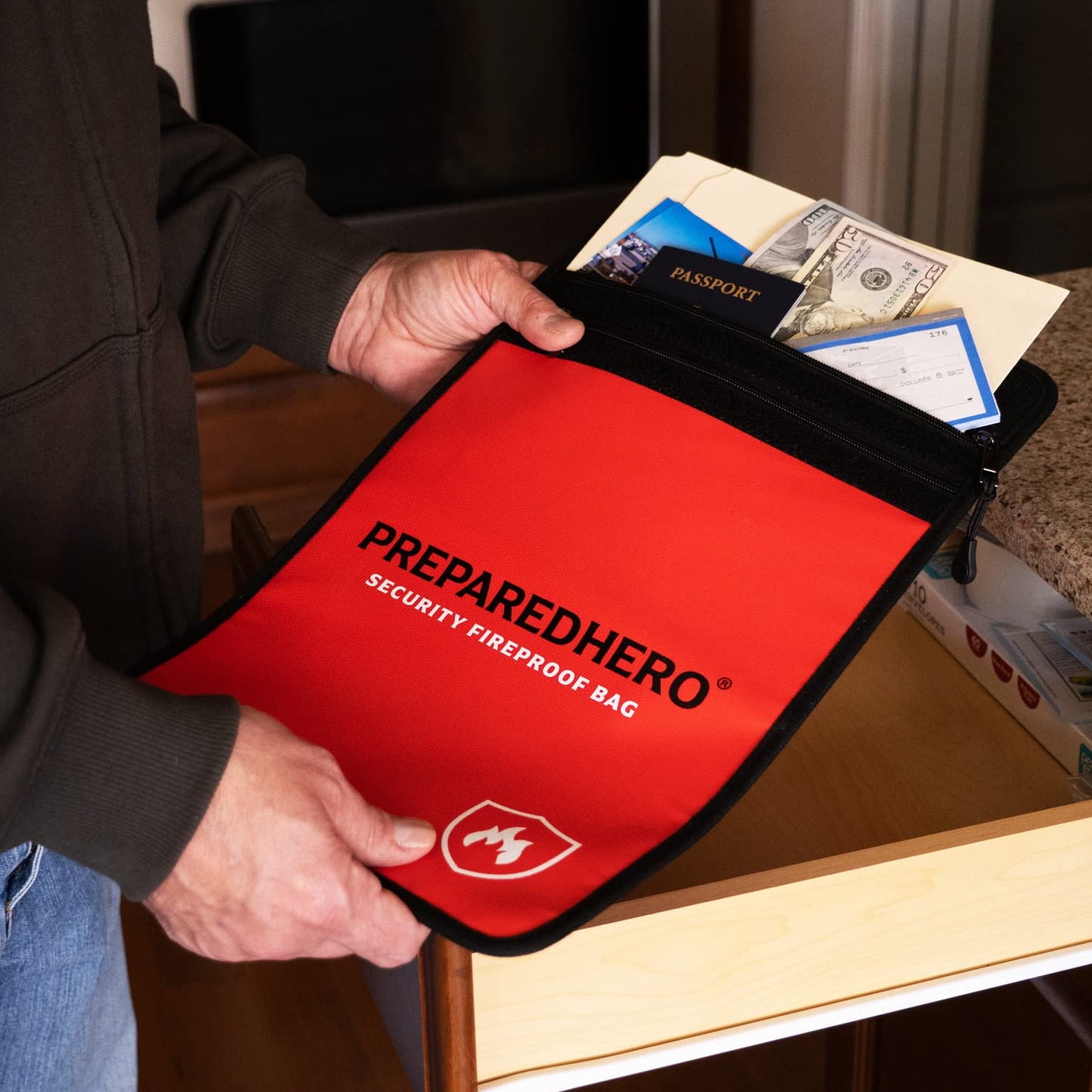 Prepared Hero Fireproof Bag - 4 Pack. Fire Resistant Large 11" by 15" Document Bag to Safely Store Valuables. 2000F Heat Resistance