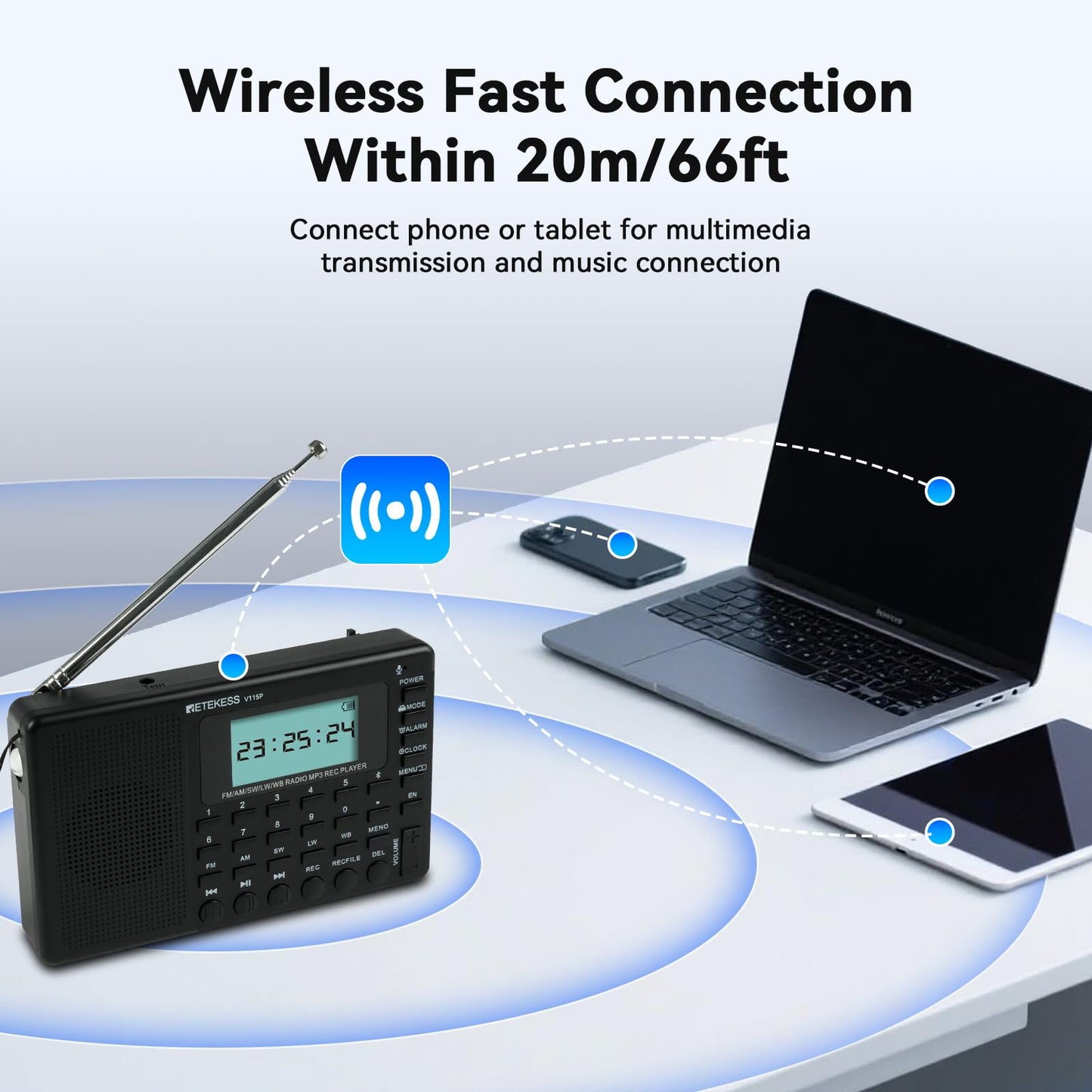Retekess V115 Shortwave Radio, Digital Radio AM FM, Shortwave Receiver with 1000mAh Rechargeable Battery, Presets, TF/AUX Playback and Recording, Bass Speaker, for Camping