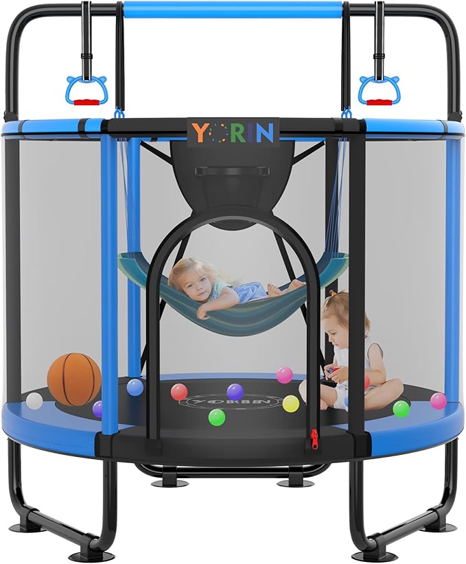 YORIN Trampoline for Kids 66'' 60'' 55'' Toddler Mini Small Trampoline Outdoor Indoor Trampoline W Basketball Hoop, Swing, Adjustable Gymnastics Bar, Gift for Baby, Toddlers & Kids