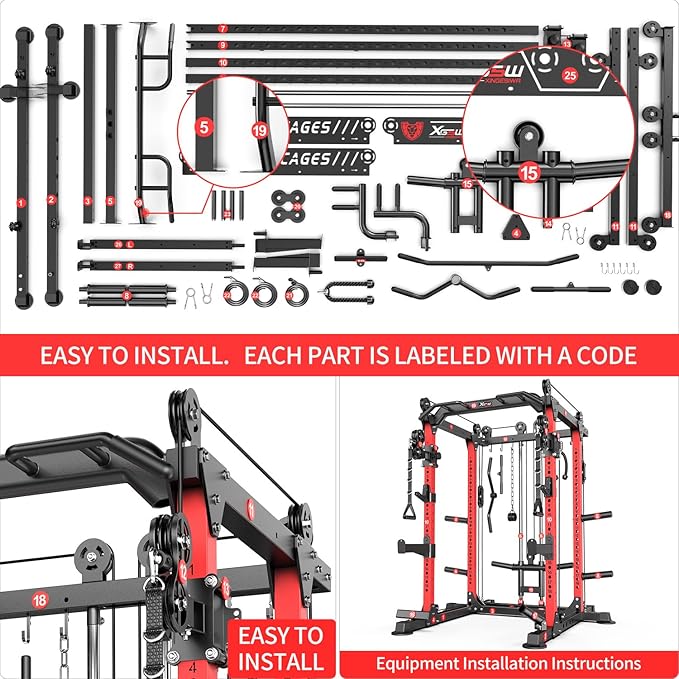 Power Cages Multi-Purpose Squat Rack with Cable Crossover System, Matching Weight Bench, Olympic Barbell Weight Set for Garage and Home Gyms