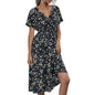 HEBELD Womens Midi Floral V Neck Wrap Dress Elastic Waist Black Size M