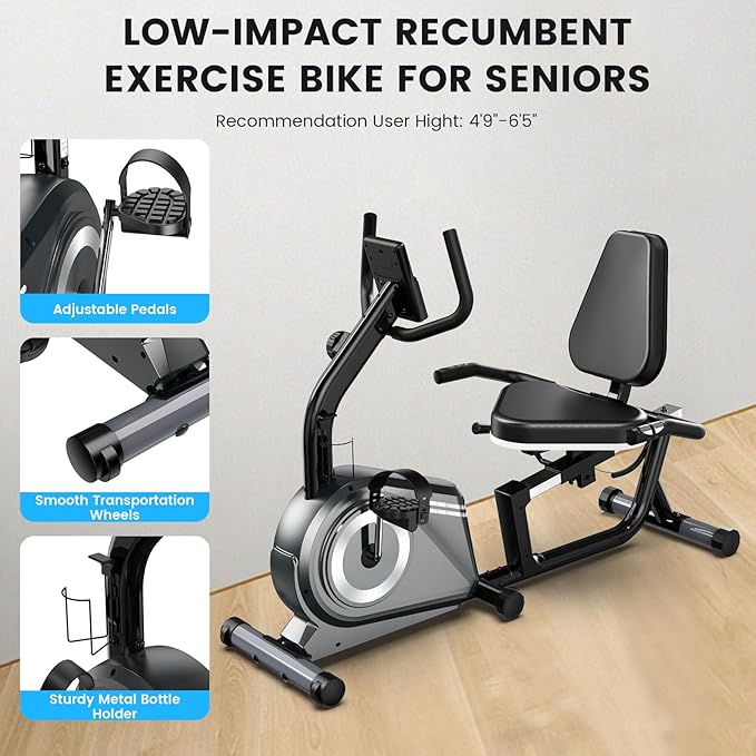 Recumbent Exercise Bike for Home,Recumbent Stationary Bikes for Adults & Seniors,Load Capacity of 400 pounds,Equipped with 16 Adjustable Gears, and Soft Adjustable Seats