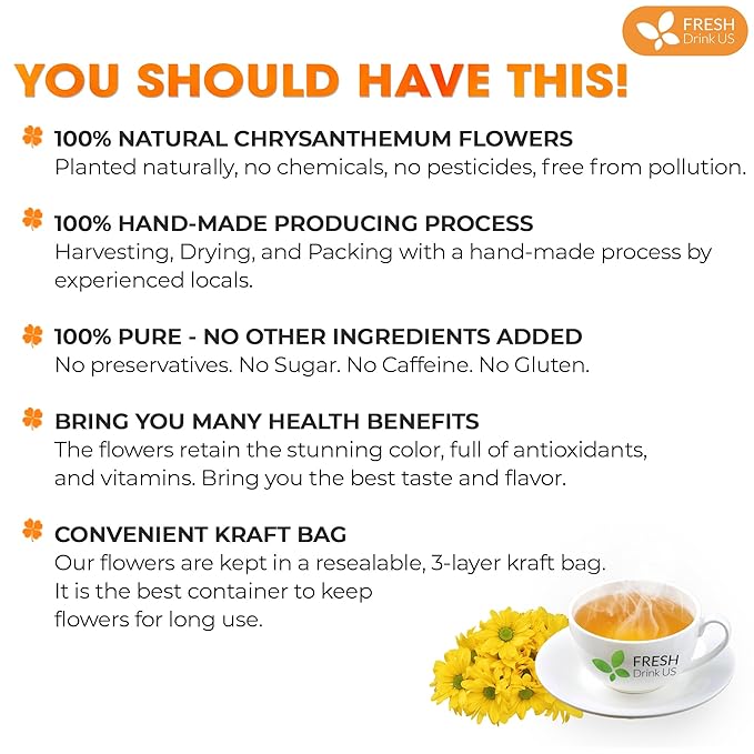 FreshDrinkUS, Premium 8oz Chrysanthemum Flowers, 100% Natural & Pure Chrysanthemum Flower Dried, Chrysanthemum Herbal Tea, No Additives, No Caffeine, Vegan