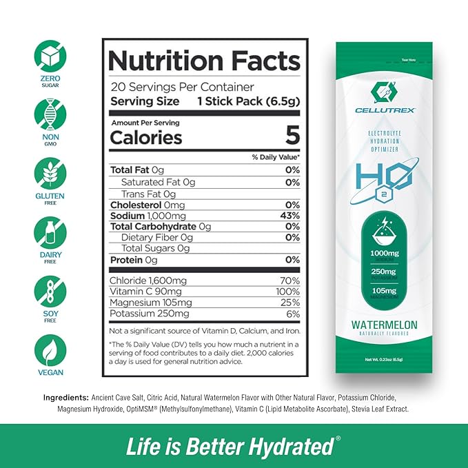 Cellutrex® H2O Electrolytes – Electrolyte Powder Drink Mix, Zero Sugar, Natural Salt Hydration Packets for Recovery and Wellness, Watermelon, 20 Sticks