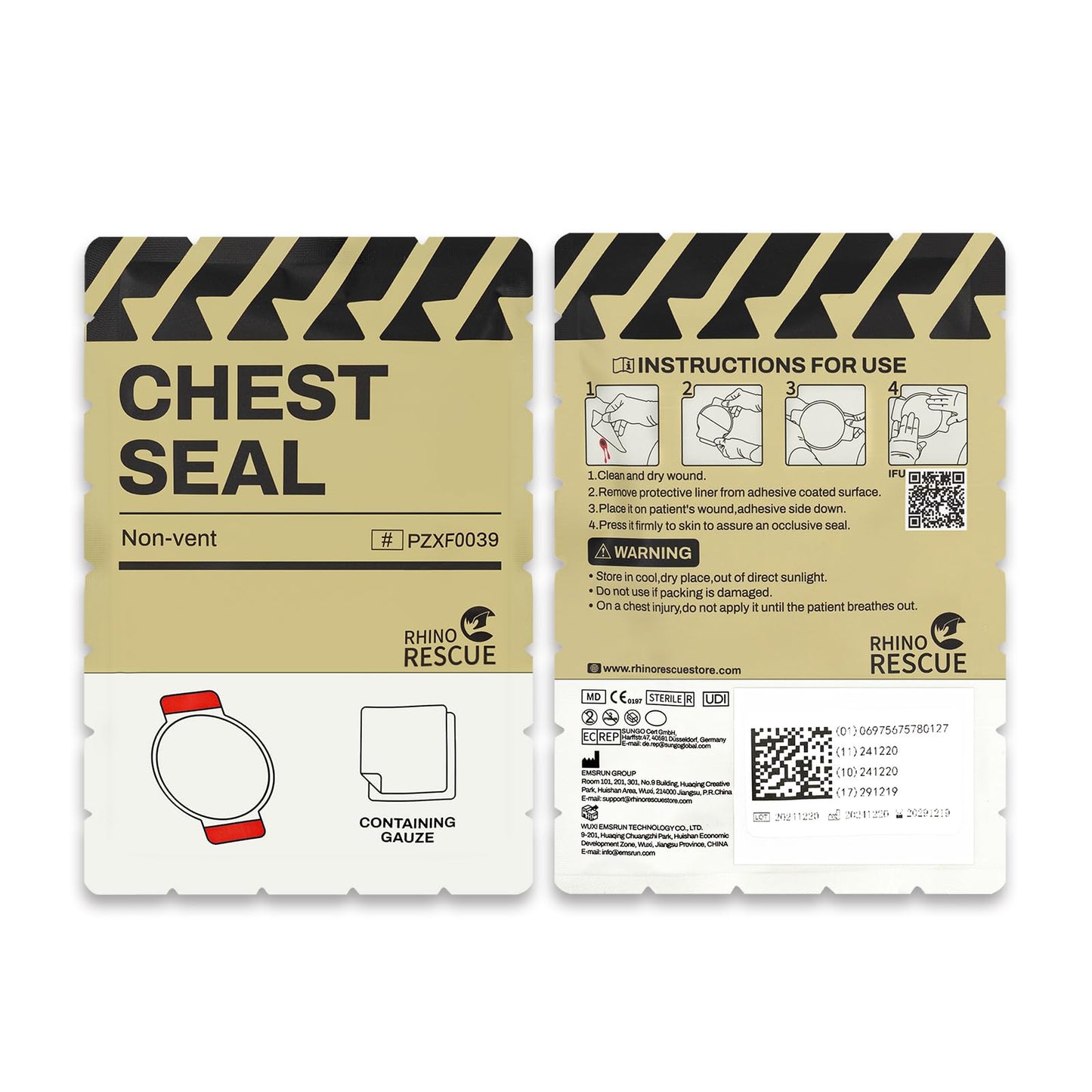 RHINO RESCUE Vented Chest Seal, 4 Vents, Sterile Emergency Trauma Dressing, Occlusive Adhesive Pad, IFAK Trauma Refill Medical First Aid Supplies for Wound Care, Gunshot Wound, Sucking Chest(2 Count)
