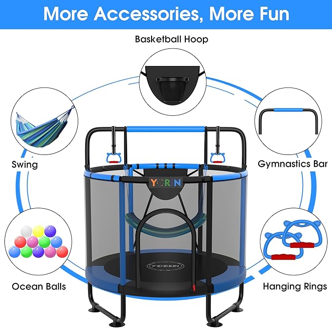 YORIN Trampoline for Kids 66'' 60'' 55'' Toddler Mini Small Trampoline Outdoor Indoor Trampoline W Basketball Hoop, Swing, Adjustable Gymnastics Bar, Gift for Baby, Toddlers & Kids