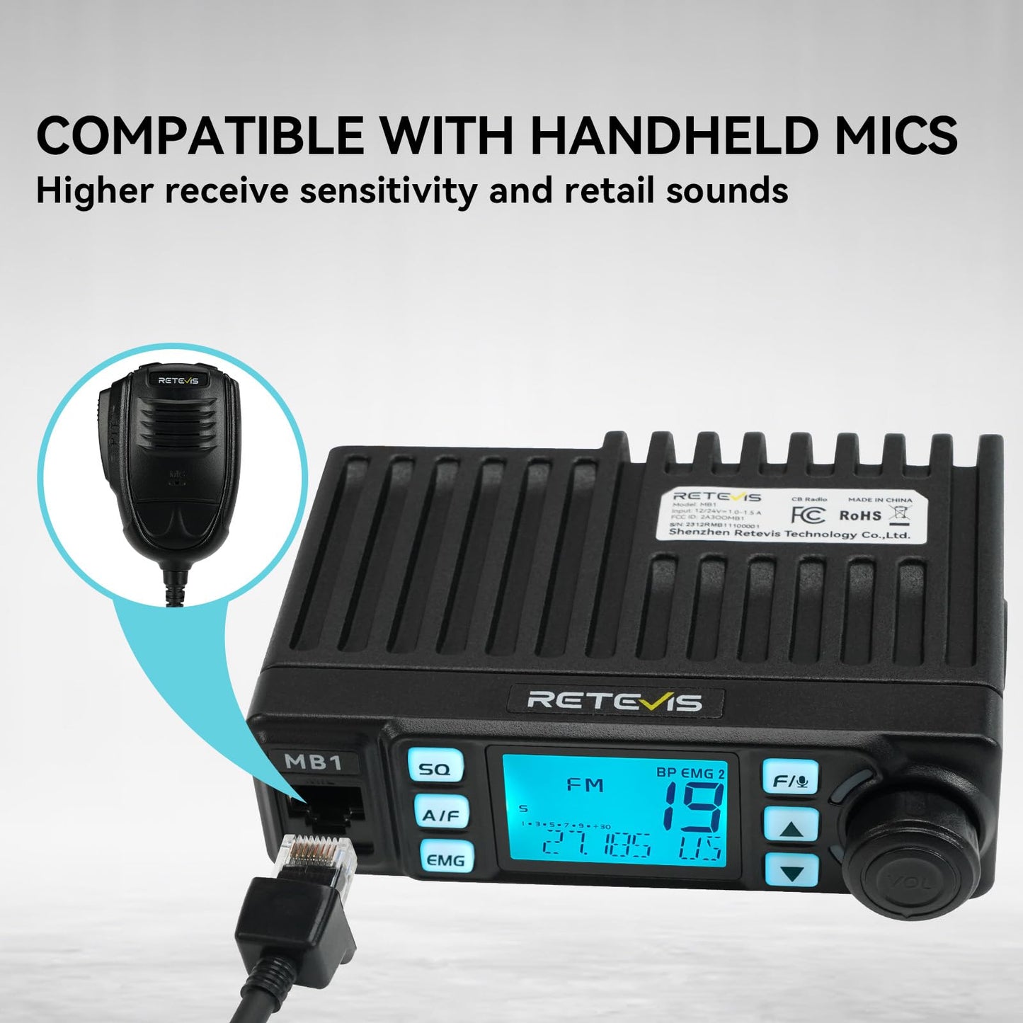 Retevis MB1 40 Channel CB Radio, Noise Cancellation Long Range Mobile Radio, with CB Antenna and Cigarette Lighter, Emergency Channel 9/19, 7-Color Screen, Auto-Scan, External Speaker Jack for Trucker