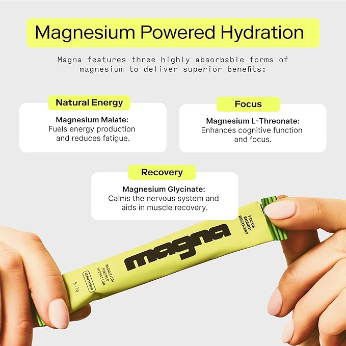 MAGNA Electrolyte Powder Drink Mix for Hydration, Energy & Focus Support with Magnesium L Threonate, Malate & Glycinate, Sodium, Potassium, Vitamin D, B6 & B12, Lemon Lime Flavor, 14 Servings
