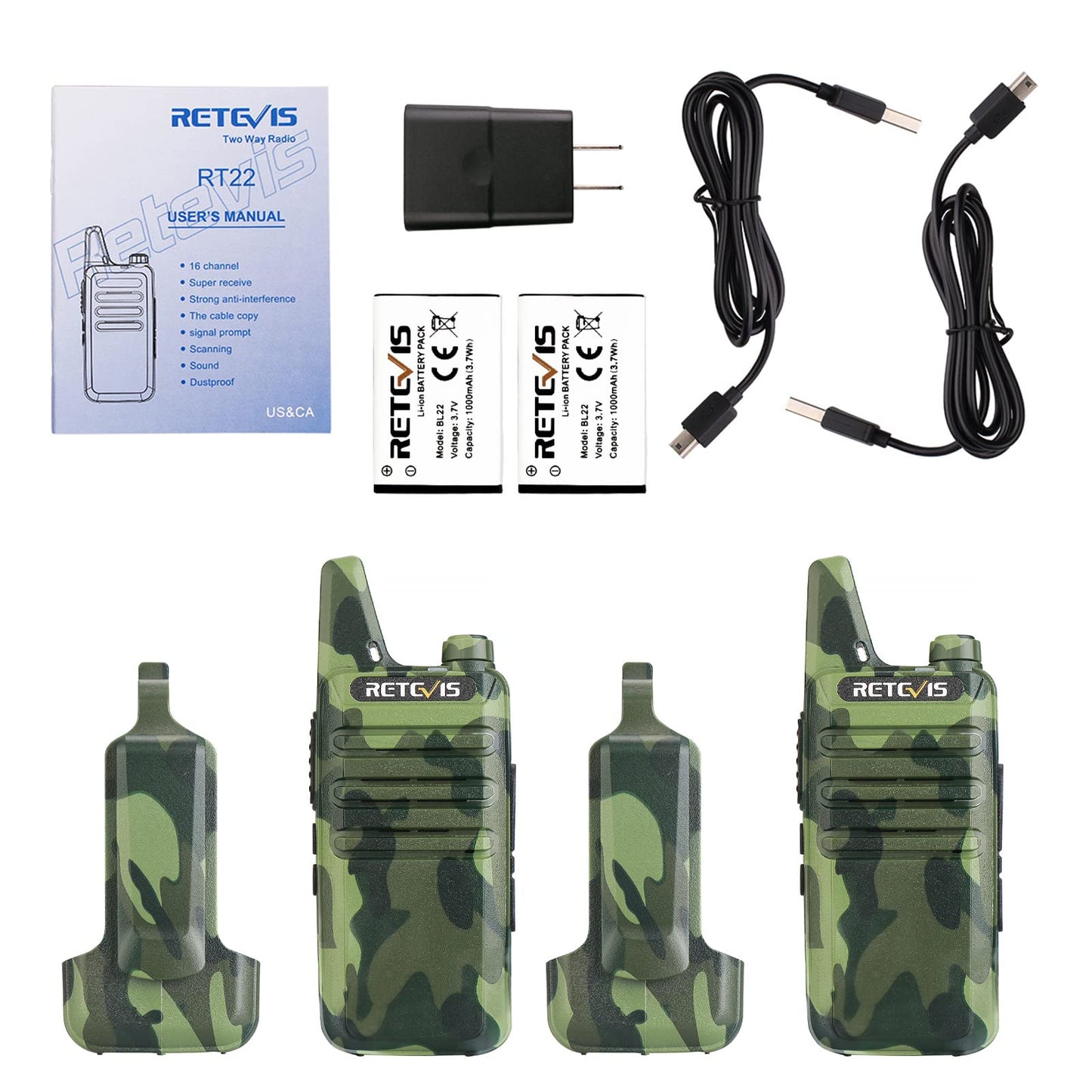 Retevis RT22 Two Way Radio Long Range Rechargeable,Portable 2 Way Radio, USB-C Charging, Handsfree Walkie Talkies for Adults Cruise Hiking Camping(4 Pack)