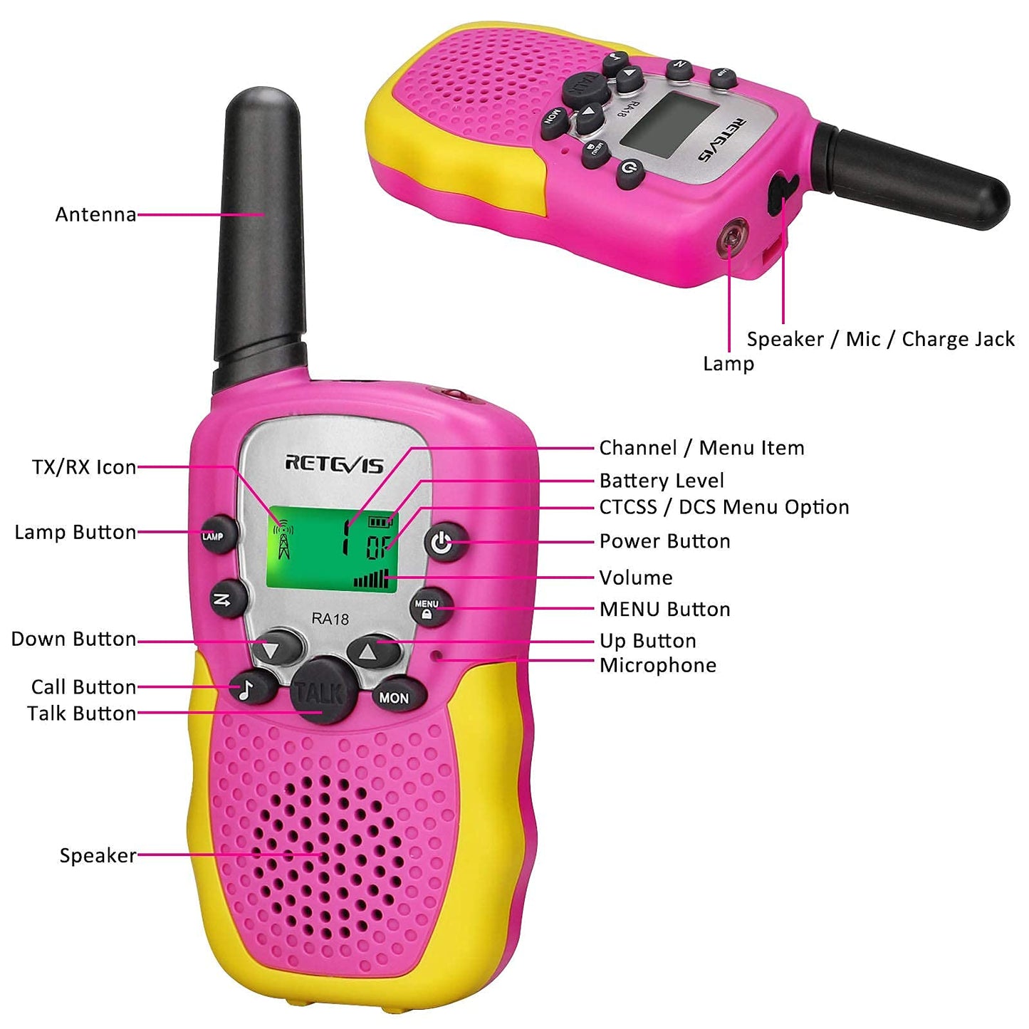 Retevis RT388 Walkie Talkies for Kids, Birthday Gifts for 6 7 8 9 10 11 12 Year Old Girls, 22 CH LCD Flashlight, Pink Walkie Talkies Christmas Gifts Toys for Girls(Pink, 2 Pack)
