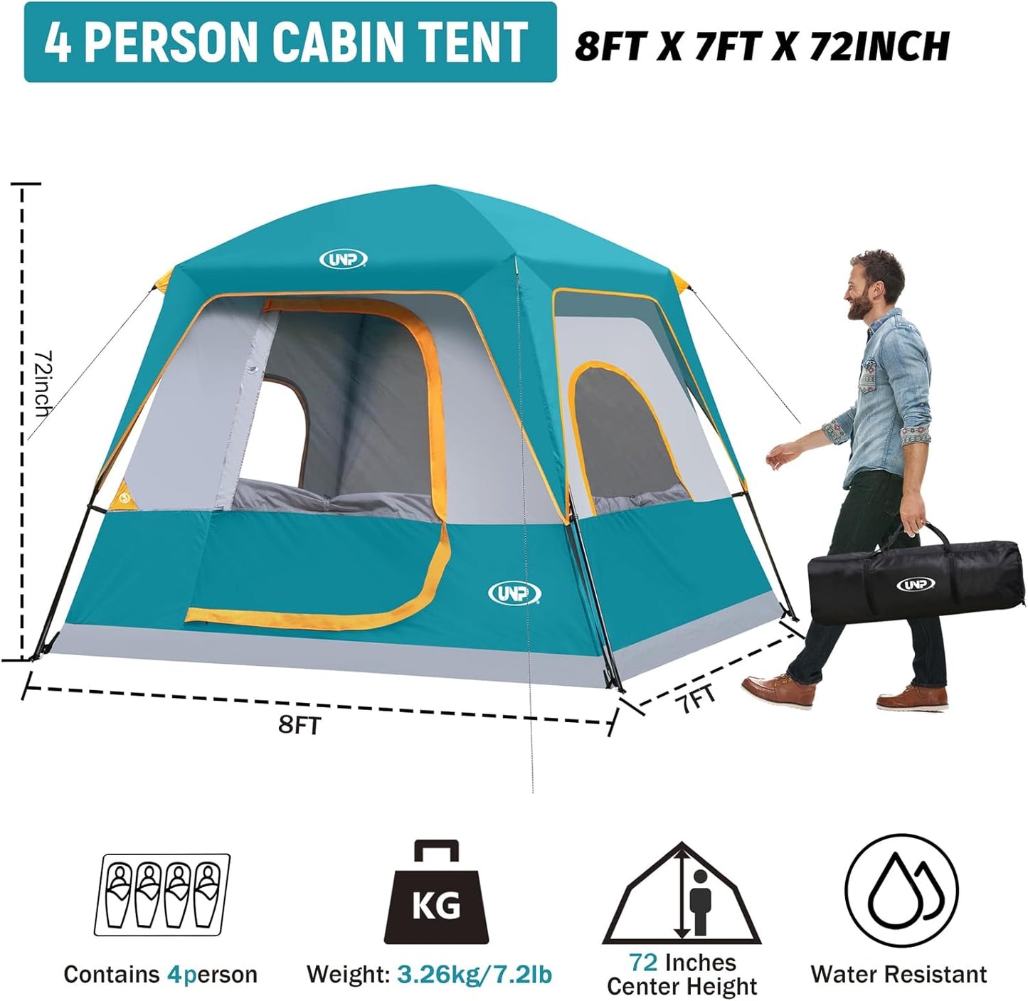 UNP Portable Cabin Tent for 4 Person and 8 Person Camping Tent Easy Set Up, Waterproof with Top Rainfly for Outdoor Camping/Hiking