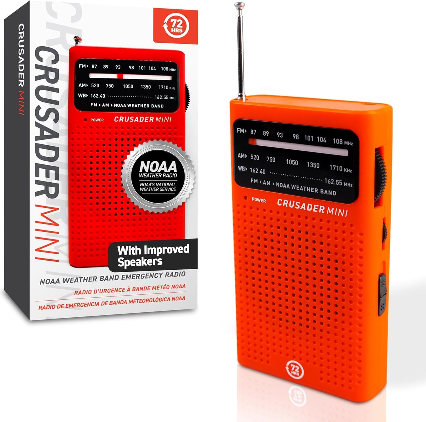 72 HRS (Upgraded) 72HRS CRUSADER MINI NOAA/AM/FM Emergency Weather Radio, Powered by 2AA Battery(Not Included), Premium Designer Radio with Finest Tuning Knob and Speaker (Red)