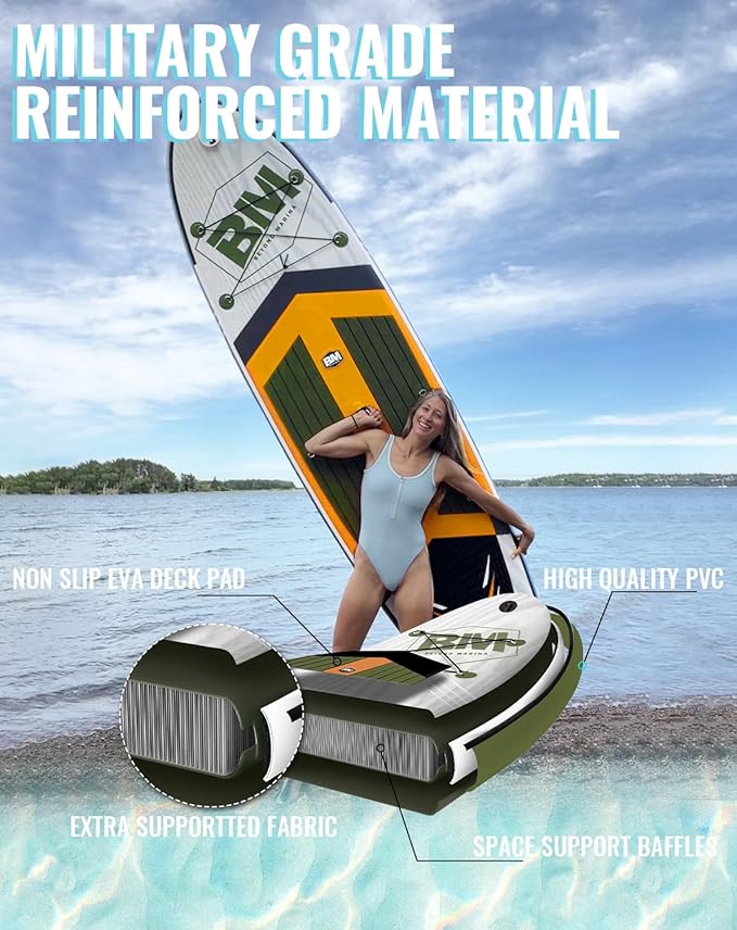 BM Paddle Board Inflatable Stand Up Paddle Board, SUP Paddleboard for Adult, Premium Accessories | Non-Slip EVA Deck & Foam Handles, Camera Mount, Double Action Pump, 85L Travel Backpack