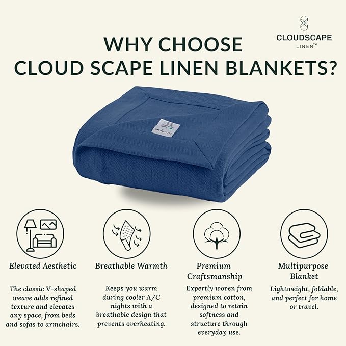 Cloud Scape Linen 100% Cotton Queen Size Blanket, Herringbone Pattern, Lightweight Summer Blanket,Best Gifts for Women, fits Full Size Bed, 92 x 92, Ensign Blue