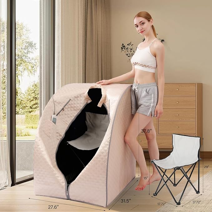Smartmak Far Infrared Sauna, Full Body One Person Portable SPA Set with Time & Tempreture Remote Control, Heating Foot Pad and Foldable Reinforced Chair (L 27.6’’ x W 31.5’’ x H 37.8’’)- Pearl Pink