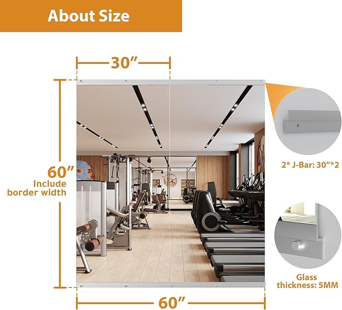ROOMTEC Workout Mirrors for Home Gym 60"x30"-2PCS, Large Wall Mirror Full Length for Fitness, Yoga, Big Wall Mounted Frameless Glass Mirror for Garage, Dance Studio, Bedroom
