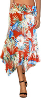 Women's Flowy Handkerchief Hemline Midi Skirt - Elastic Waist Asymmetrical Hem