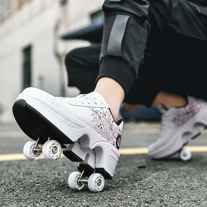 Roller Skate Shoes for Women Four Rounds Children's Roller Skates Shoes That Turn into Rollerskates Sneakers Outdoor Light Shoes with Wheels for Girls/Boys