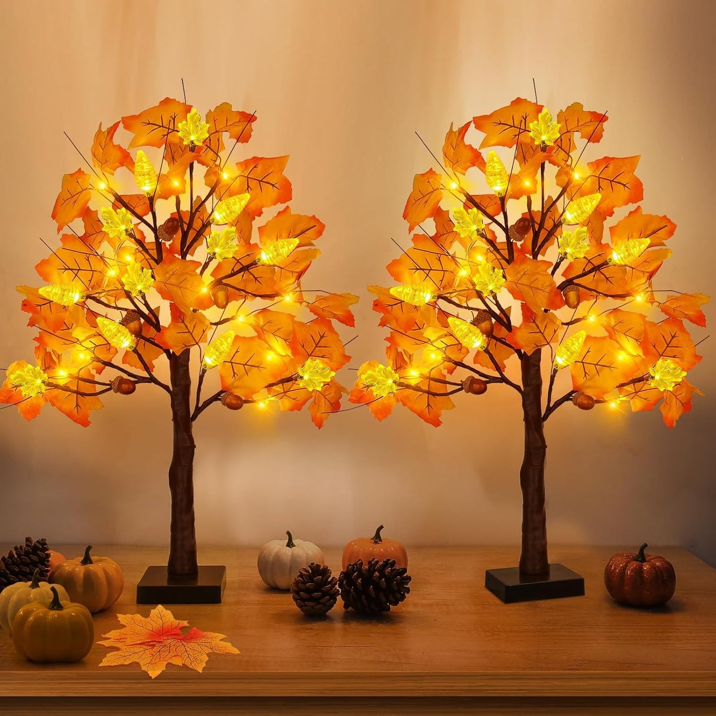 SURCVIO 2 Pack 24in Prelit Fall Maple Tree Decorations 48 LEDs Timer Battery