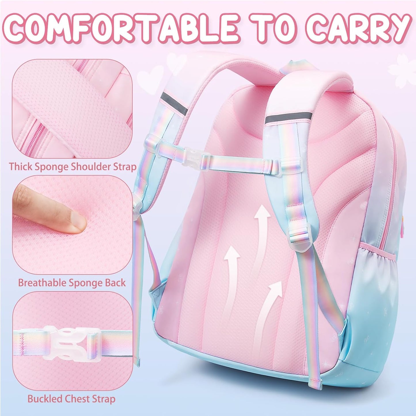 Girls School Backpack Set 3-Piece - Waterproof Kids Backpack with Lunch Box