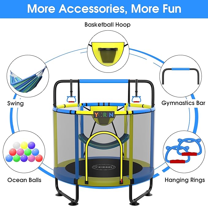 YORIN Trampoline for Kids 66'' 60'' 55'' Toddler Mini Small Trampoline Outdoor Indoor Trampoline W Basketball Hoop, Swing, Adjustable Gymnastics Bar, Gift for Baby, Toddlers & Kids